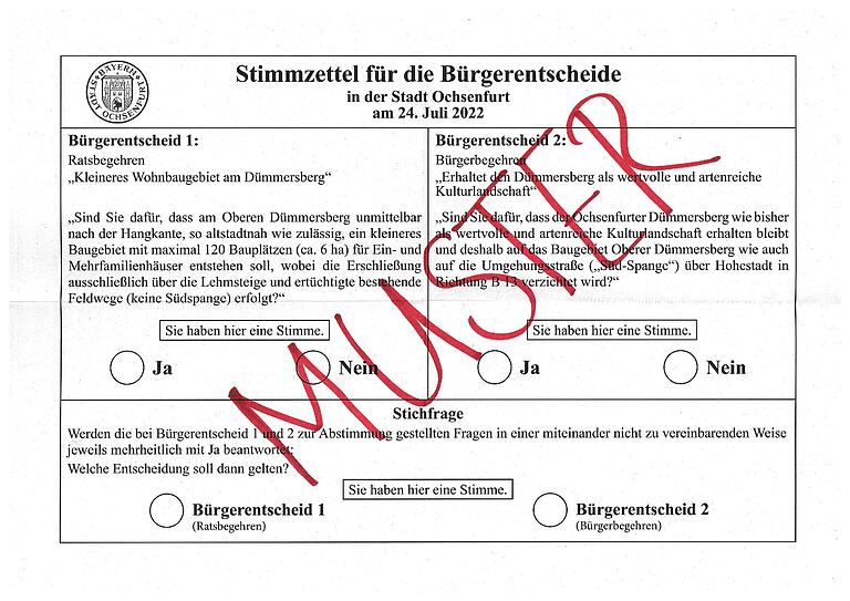 Abstimmungsschein für die Bürgerentscheide zum städtischen Bauvorhaben am Oberen Dümmersberg