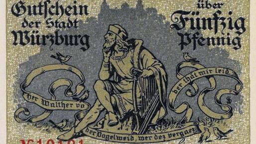 Notgeld über 50 Pfennig: ohne Datum, mit Abbildung Walther von der Vogelweide. Entwurf: August Schöner, Druck: Stürtz AG Würzburg, FOTO Stadtarchiv