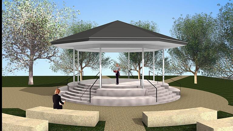 So soll der neue Pavillon im Bad Bockleter Kurpark aussehen. Er bekommt ein steinernes Fundament.   Animation: Architekturbüro Stefan Kirchner       -  So soll der neue Pavillon im Bad Bockleter Kurpark aussehen. Er bekommt ein steinernes Fundament.   Animation: Architekturbüro Stefan Kirchner