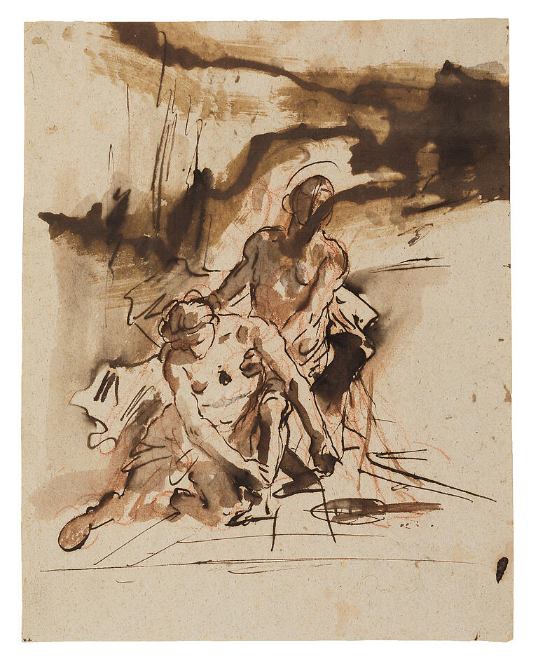 Eines von vielen Blättern im reichen Tiepolo-Bestand des Unimuseums: Giambattista Tiepolo, Zu Boden gesunkener Jüngling in den Armen einer männlichen Figur, 1752/53, Rötel, braune Feder, braun und grau laviert, auf graubraunem Papier&nbsp;