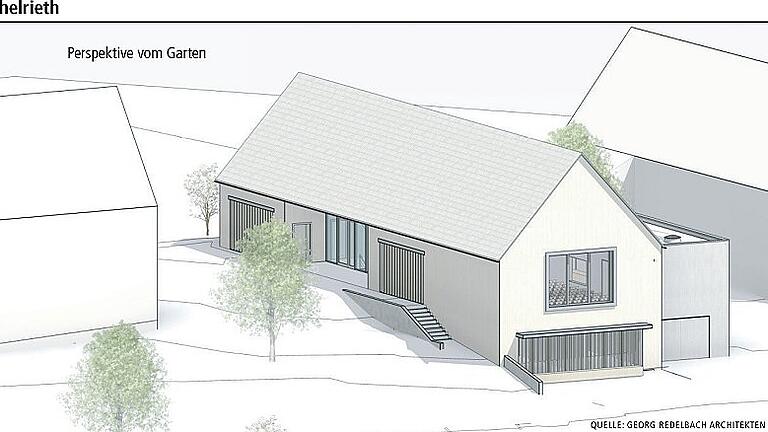 So soll nach dem Entwurf von Georg Redelbach das Bürgerhaus in Michelrieth aussehen: Hier geht der Blick vom Freigelände auf die Gruppenräume im Untergeschoss und den Saal im Erdgeschoss. An der Straßenseite liegen die Räume der Kirchengemeinde, dazwischen das Foyer mit vorgelagertem Hof. So soll nach dem Entwurf von Georg Redelbach das Bürgerhaus in Michelrieth aussehen: Hier geht der Blick vom Freigelände auf die Gruppenräume im Untergeschoss und den Saal im Erdgeschoss. An der Straßenseite liegen die Räume der Kirchengemeinde, dazwischen das Foyer mit vorgelagertem Hof.