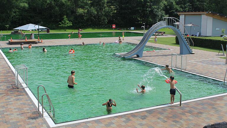 Grünes Wasser und die Natur vor Ort: Im Ebracher Schwimmbad gibt es zwei Becken, ein Nichtschwimmerbecken (vorne) und das Schwimmerbecken. Grünes Wasser und die Natur vor Ort: Im Ebracher Schwimmbad gibt es zwei Becken, ein Nichtschwimmerbecken (vorne) und das Schwimmerbecken.