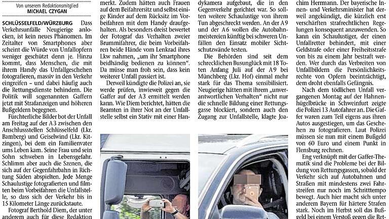 Beitrag über Unfall-Gaffer: Erschienen am 31.7.2017 auf der Main-Post-Titelseite.