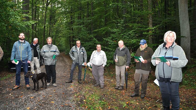 Elfi Raunecker, Bereichsleiterin Forsten am AELF Kitzingen-Würzburg (rechts), begrüßte zahlreiche Forstkollegen aus ganz Deutschland zu einer Exkursion im Guttenberger Wald.