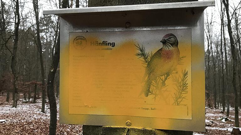 Am Aussichtstempel im Karschter Tannenwald ist die Infotafel des Hänflings 'vergilbt'. Am Aussichtstempel im Karschter Tannenwald ist die Infotafel des Hänflings 'vergilbt'.