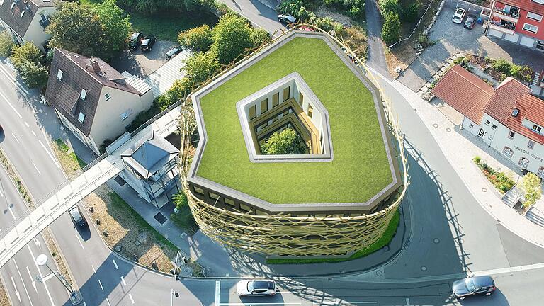Exponierte Lage und eine pfiffige Gestaltung: So soll das geplante Geschäftshaus von Archicult GmbH am Höchberger Ortseingang mal aussehen.&nbsp;