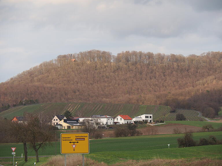 'Weinpanorama Steigerwald' mit Neubausiedlung im Michelauer Ortsteil Altmannsdorf. Der Straßenname der Siedlung: 'Waldblick'.