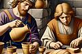 Um zu wenig Wein und allzu luftiges Brot geht es in einer Sage rund um den Bau der Haßfurter Ritterkapelle. Illustration (Ausschnitt) aus dem Buch 'Der Sagenschatz des Landkreises Haßberge'.&nbsp;