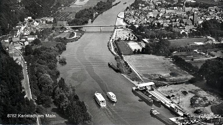 Vorne rechts der Hafen, an dem Bruno Six mit dem Bagger in den Main kippte. Die Aufnahme stammt von 1967.