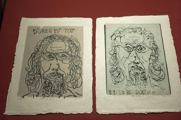 Eröffnung Ausstellung Albrecht Dürer, Dürer revisited im Museum Otto Schäfer, im Bild Michael Huth - Selbst als Dürer 1 + II, 1999 Holzschnitt