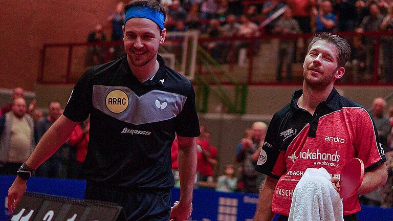 Timo Boll (links) und Bastian Steger werden beide im Juni 40 Jahre alt. Am Sonntag könnten es im Bundesligaspiel zwischen dem TSV Bad Königshofen und Borussia Düsseldorf ein direktes Aufeinandertreffen der beiden Routiniers geben.