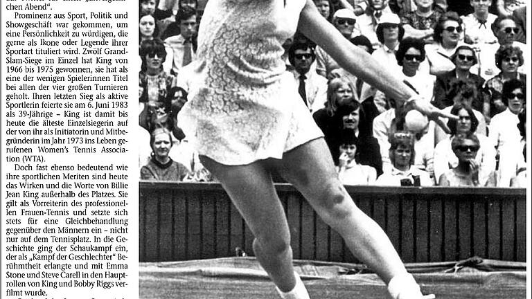 Vorkämpferin für Frauenrechte: Billie Jean King am 22.11. in der Main-Post - Das ist ein klares 'w' für den Sportteil .... Ausgabe 22.11.18 Vorkämpferin für Frauenrechte: Billie Jean King am 22.11. in der Main-Post - Das ist ein klares 'w' für den Sportteil .... Ausgabe 22.11.18