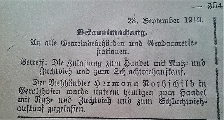 Die offizielle Bekanntmachung der Zulassung von Hermann Rothschild zum Handel mit Nutz- und Zuchtvieh und zum Schlachtviehaufkauf, veröffentlicht am 23. September 1919 im Bezirksamtsblatt.