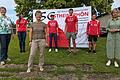 Zu einem Erinnerungsfoto stellten sich von links auf Bürgermeisterin Karina Werner, Anna-Lena Klee, Gabi Münch, Sven Perleth,  Rhys Bishop, Daniel Richter und stellvertretende Landrätin Eva Böhm.