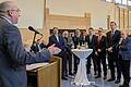 Neujahrsempfang Bad Bocklet       -  Bürgermeister Andreas Sandwall bei seiner Festansprache mit einigen Ehrengästen: (von links) Matthias Kleren (Kreisvorsitzender Freie Wähler), Thomas Leiner (3. Bürgermeister Bad Kissingen), Polizeirat Christian Pörtner (Leiter Polzeiinspektion Bad Kissingen), Innenstaatssekretär Sandro Kirchner (CSU), Mario Götz (CSU/FW, Bürgermeister Oberthulba), Martin Wende (CSU, Bezirksrat) und stellvertretender Landrat Emil Müller (CSU).