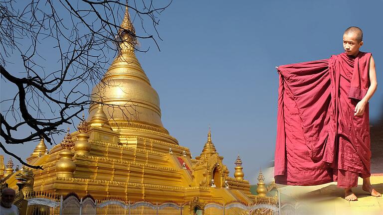 Ein junger Mönch vor der Kothdaw Pagode in der Millionenstadt Mandalay. Viele der Pagoden in Myanmar sind vollständig oder teilweise vergoldet. Ein junger Mönch vor der Kothdaw Pagode in der Millionenstadt Mandalay. Viele der Pagoden in Myanmar sind vollständig oder teilweise vergoldet.