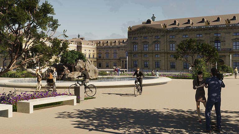 Auszug aus dem Video von Michael Ehlers: Parkbänke, Blumen und&nbsp; Bäume statt Autoverkehr auf dem Residenzplatz.&nbsp;