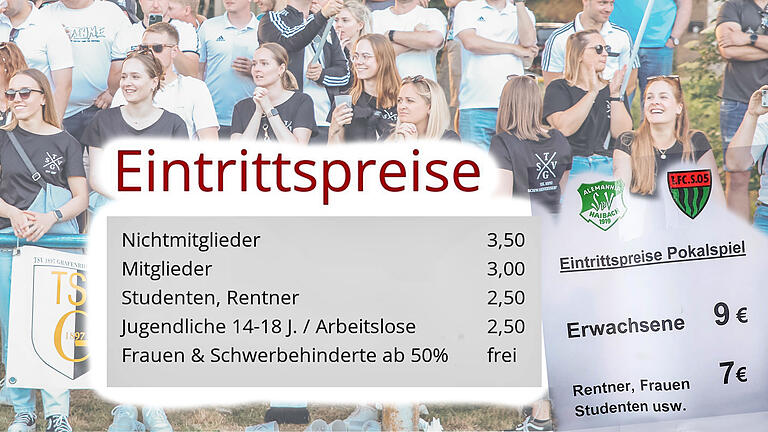 Auf Amateur-Fußballplätzen bezahlen Frauen oft ermäßigte Preise, wie diese Beispiele aus Gerolzhofen und Haibach zeigen. Das Publikums-Foto in dieser Montage ist auf einem anderen Sportplatz entstanden.