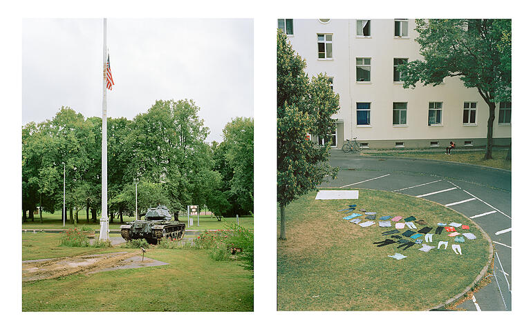 Links: US-Flagge auf Halbmast und historischer Panzer an 11. September. Rechts:&nbsp;Kleider trocknen vor der Flüchtlingsunterkunft auf dem Rasen.