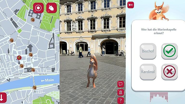 Das animierte Eichhörnchen Kilian führt die Kinder in der Handy-App von Nils Adelmann durch die Würzburger Innenstadt.