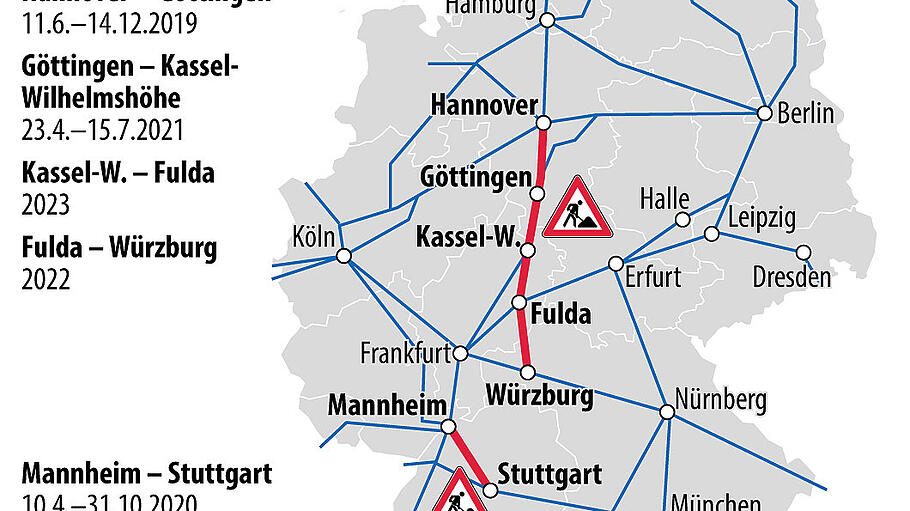 Bahn: Großbaustellen 2019 bis 2023 (01.10.2018) - Geplante Streckensperrungen im ICE-Netz der Deutschen Bahn 2019 bis 2023 Bahn: Großbaustellen 2019 bis 2023 (01.10.2018) - Geplante Streckensperrungen im ICE-Netz der Deutschen Bahn 2019 bis 2023