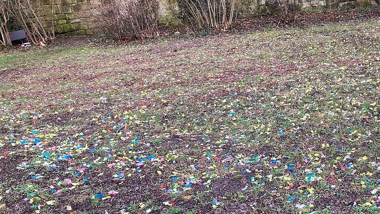 Gerade in Grünanlagen, wie hier in der Nähe des Schweinfurter Spitalseeplatzes, bleibt Konfetti besonders lange und hartnäckig hängen.