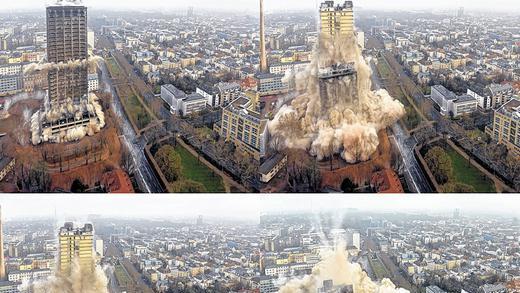 &bdquo;Es hat ganz schön gerumst&ldquo;: Fast eine Tonne Sprengstoff wurde gezündet, um das entkernte Uni-Hochhaus in Frankfurt zu sprengen.