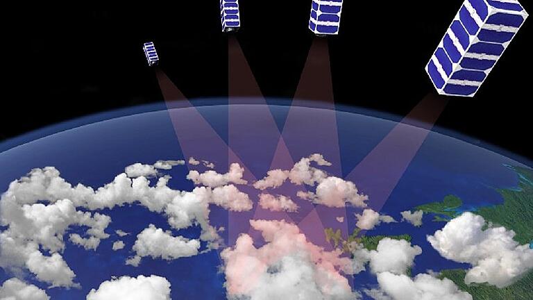 In &bdquo;CloudCT&ldquo; wird das Sonnenlicht genutzt, um einen Blick in das Innere der Wolken zu werfen. Zehn Kleinstsatelliten empfangen aus verschiedenen Blickrichtungen das Streulicht und können so das Wolkeninnere mit Hilfe ausgefeilter Software aus den Kamerabildern rekonstruieren. Simulation: ZfT