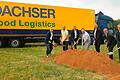 Spatenstich der Speditionsfirma Dachser in Dettelbach mit Vertretern der beteiligten Unternehmen und der Lokalpolitik (von links): Thomas Poulis-Leinberger, Christoph Klampfl, Jürgen Wilscher, Bürgermeister Matthias Bielek, stellvertretender Landrat Robert Finster, Alfred Miller, Jan-Oliver Schneider.