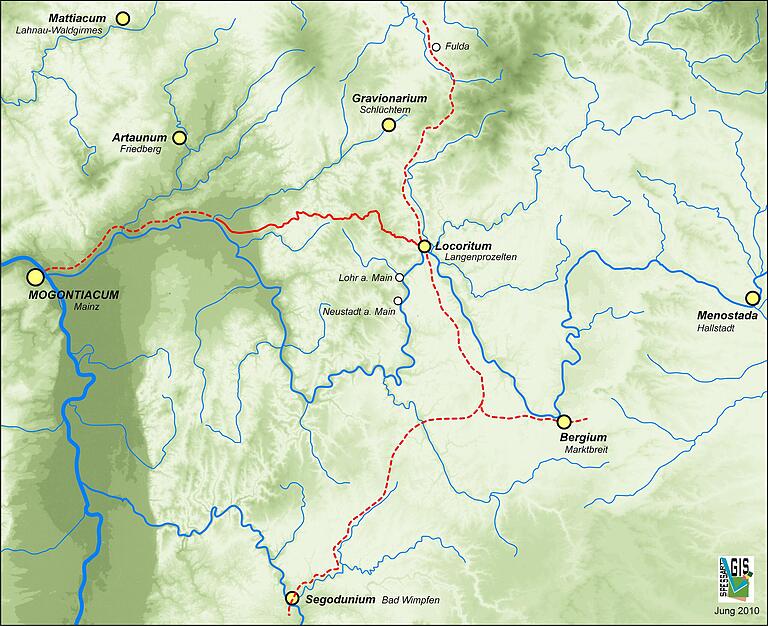 Wie kamen die Römer von Mainz (Mogontiacum) nach Marktbreit (Bergium)? Und wo lag Locoritum? Eine von Himmelsbach am Dienstag genannte Möglichkeit wäre auch der Weg quer durch den Spessart gewesen, dem heute die A3 folgt (hier nicht eingezeichnet). Bei Lengfurt gab es eine Furt. Wie kamen die Römer von Mainz (Mogontiacum) nach Marktbreit (Bergium)? Und wo lag Locoritum? Eine von Himmelsbach am Dienstag genannte Möglichkeit wäre auch der Weg quer durch den Spessart gewesen, dem heute die A3 folgt (hier nicht eingezeichnet). Bei Lengfurt gab es eine Furt.