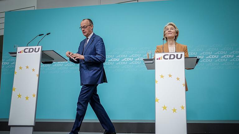 Gremiensitzungen CDU.jpeg       -  Friedrich Merz (CDU), CDU-Bundesvorsitzender und Unionsfraktionsvorsitzender, und Ursula von der Leyen, Präsidentin der Europäischen Kommission, geben eine Pressekonferenz.