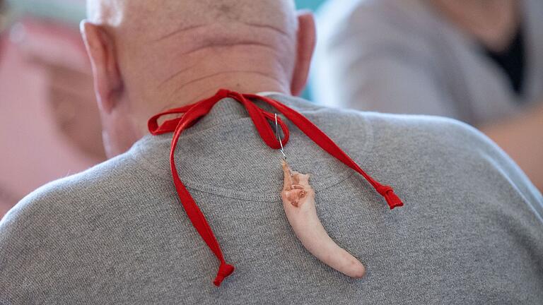 Nicht aufgepasst! Zur Belustigung wird Nichtsahnenden das Sauschwänzchen an die Kleidung gehängt. Nicht aufgepasst! Zur Belustigung wird Nichtsahnenden das Sauschwänzchen an die Kleidung gehängt.