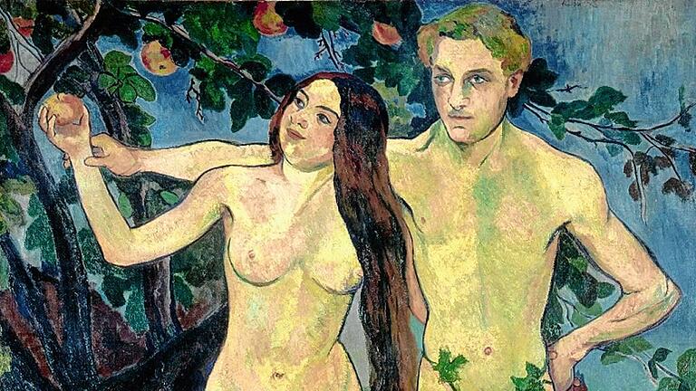 Adam und Eva       -  Meist wird Eva als Täterin dargestellt. Suzanne Valadon hingegen porträtiert sich gleich selbst als Eva, die einträchtig und gemeinsam mit Adam nach dem verbotenen Apfel greift.