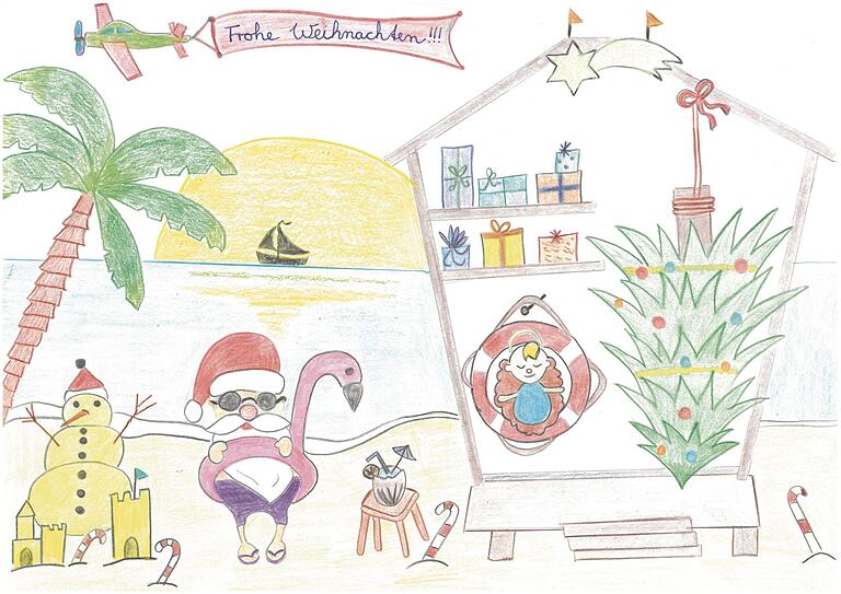 Das steht sogar der Weihnachtsbaum Kopf: 'Weihnachten einmal anders' gezeichnet von Anna-Maria Meyer (9) aus Estenfeld.