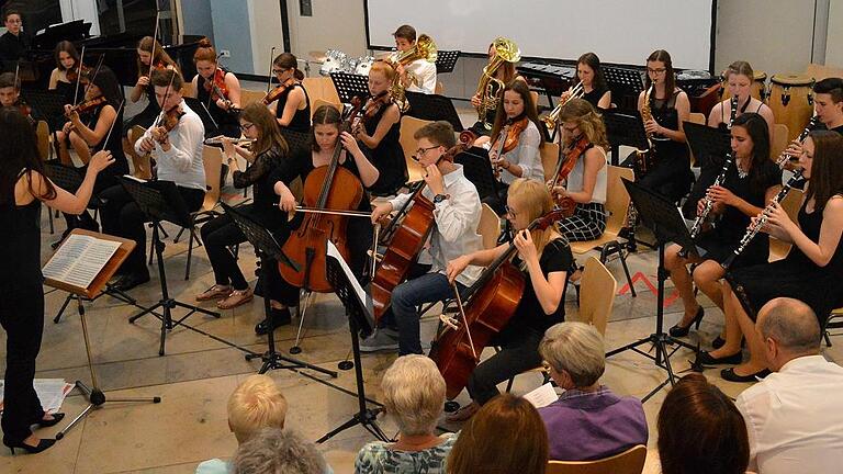 Musikalischer Sommernachtstraum: Frenetisch bejubelt wurden die Darbietungen beim Orchesterkonzert in der Aula des Karlstadter Gymnasiums. Im Bild das 24-köpfige Ensemble des &bdquo;Großen Orchesters&ldquo; mit seiner Dirigentin und Musiklehrerin Alexandra Schüpfer.