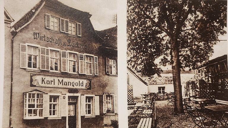 Die Kneipe Mangold in Münnerstadt - 'Wirtschaft und Bäckerei' stand einst auf der Fassade. Die prachtvolle Kastanie im Biergarten musste irgendwann gefällt werden. Einen Biergarten gibt es heute noch, allerdings im Innenhof. Die Kneipe Mangold in Münnerstadt - 'Wirtschaft und Bäckerei' stand einst auf der Fassade. Die prachtvolle Kastanie im Biergarten musste irgendwann gefällt werden. Einen Biergarten gibt es heute noch, allerdings im Innenhof.