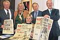 Walter Hungers spektakuläre Flucht in den Westen beherrschte 1958 tagelang die Bild-Schlagzeilen. Mit von der Partie waren damals seine drei Kinder (von rechts): Armin, Gisela und Ingrid Hunger sowie sein ehemaliger Prokurist Günter Kohl (Zweiter von rechts) samt Sohn.FOTO K. SCHWENDINGEr