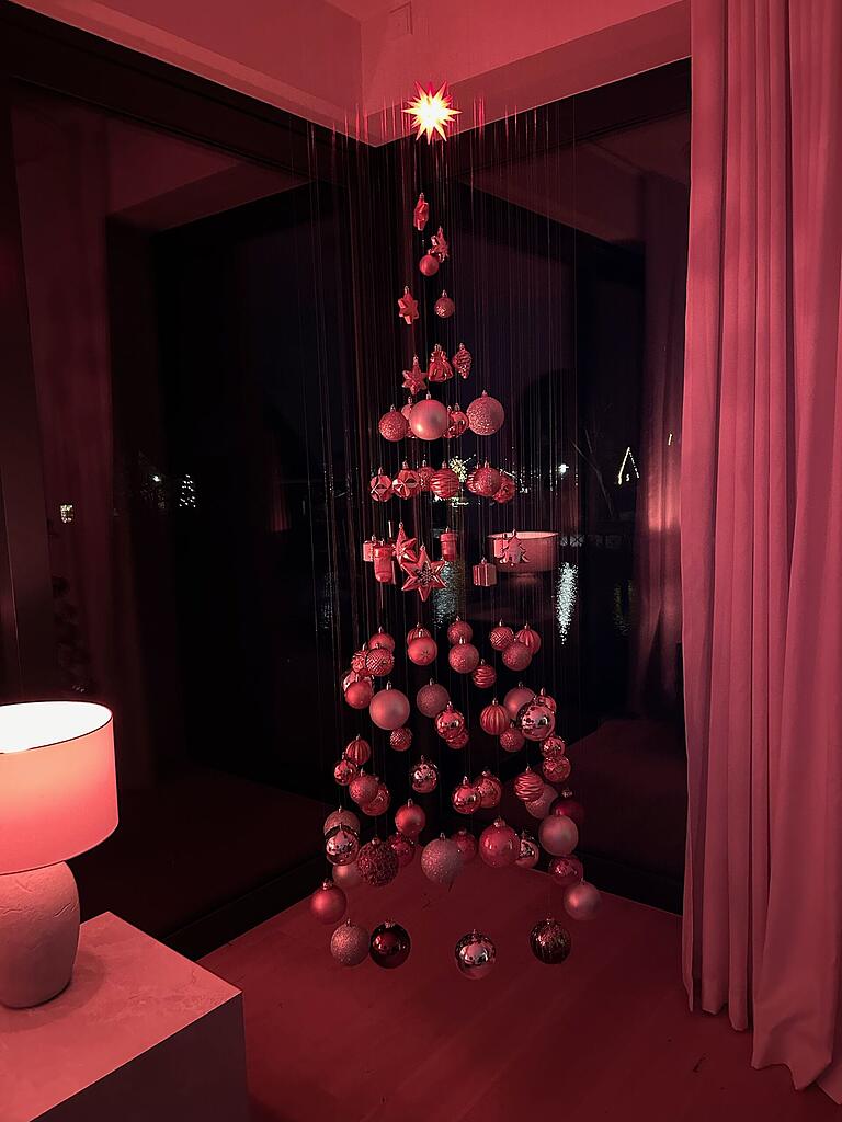 Der Vorteil des schwebenden Weihnachtsbaums von Julius Neundoerfer und seiner Freundin: Dieser Baum nadelt nicht. Der Vorteil des schwebenden Weihnachtsbaums von Julius Neundoerfer und seiner Freundin: Dieser Baum nadelt nicht.