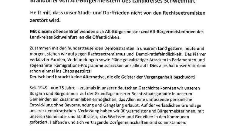 Der Brandbrief gegen Rechtsextremismus, mit dem sich frühere Bürgermeisterinnen und Bürgermeister aus dem Landkreis Schweinfurt an ihre Mitmenschen wenden. Der Brandbrief gegen Rechtsextremismus, mit dem sich frühere Bürgermeisterinnen und Bürgermeister aus dem Landkreis Schweinfurt an ihre Mitmenschen wenden.