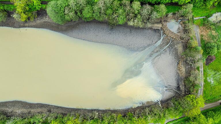 Die Uferbereiche des Vorsees am Ellertshäuser See liegen frei, jetzt wird das Sediment dort abgetragen.