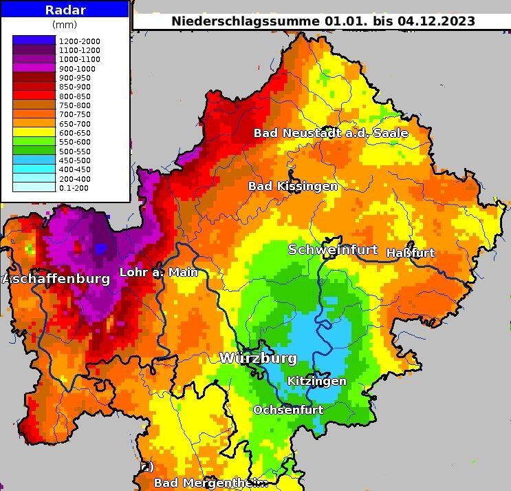 Ein besonders regenreiches Jahr 2023? Nicht überall in Unterfranken, wie das Radarbild des Deutschen Wetterdienstes zeigt. Ein besonders regenreiches Jahr 2023? Nicht überall in Unterfranken, wie das Radarbild des Deutschen Wetterdienstes zeigt.