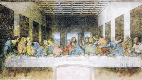 Typisch Renaissance: Leonardos &bdquo;Abendmahl&ldquo; mit charakterstarken Figuren in einem Gebäude mit Zentralperspektive.