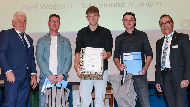 Obermeister Werner Rath (l.) und Prüfungsausschuss-Vorsitzender Matthias Nees (r.) ehrten (v. l.) mit Jonas Pfeuffer (2. Platz, Firma K.F. Amthor, Büchold), Carlos Sasama (1. Platz, Firma Alfred Fischer, Unterpleichfeld) und Philipp Oechsner (3. Platz, Firma Boje Haustechnik, Bergtheim) die besten Gesellen der SHK-Innung Würzburg. Obermeister Werner Rath (l.) und Prüfungsausschuss-Vorsitzender Matthias Nees (r.) ehrten (v. l.) mit Jonas Pfeuffer (2. Platz, Firma K.F. Amthor, Büchold), Carlos Sasama (1. Platz, Firma Alfred Fischer, Unterpleichfeld) und Philipp Oechsner (3. Platz, Firma Boje Haustechnik, Bergtheim) die besten Gesellen der SHK-Innung Würzburg.