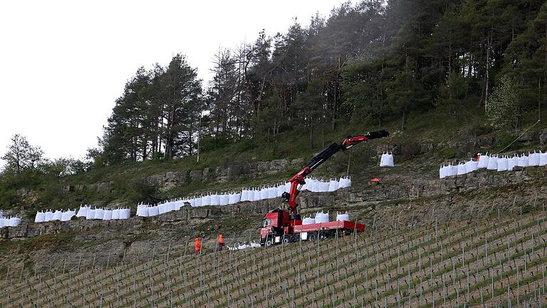 Auf einer Länge von etwa 160 Metern als Sturzbarriere platzierte befüllte &quot;Big Bags&quot; sollen vorläufig die akute Lebensgefährdung im Bereich des Felsabsturzes am Moosberg bannen. Die eigentlichen Sicherungsmaßnahmen, voraussichtlich durch Einbau eines Stahlnetzes, sollen laut Bürgermeister Michael Röhm erst im Herbst und frühen Winter zur Ausführung kommen.