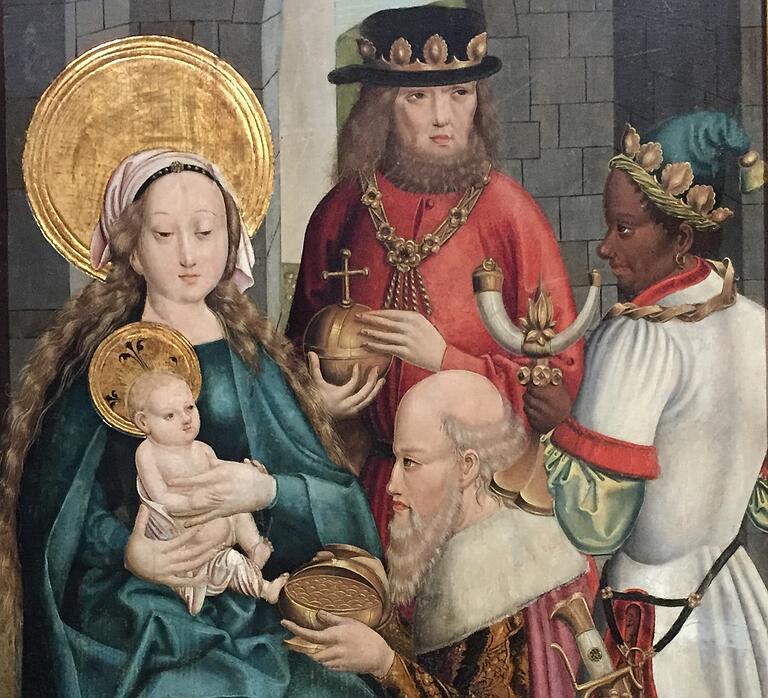 Ein Detail der 'Anbetung der Könige' eines mainfränkischen Meisters, um 1510, zu sehen im Martin von Wagner Museum der Universität Würzburg.