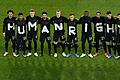 Mit dem Schriftzug 'Human Rights' forderte die deutsche Nationalmannschaft im März 2021 die Einhaltung der Menschenrechte in Katar ein. In dem Emirat soll am 21. November 2022 die Fußball-Weltmeisterschaft beginnen.