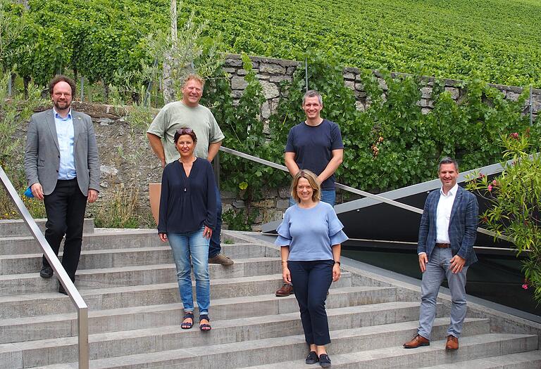 Tourismus-Tour zum Weingut am Stein: Tauschten sich über die Lage des Tourismus in der Corona-Krise aus (hinten von links): MdL Patrick Friedl, Ludwig Knoll vom Weingut am Stein, MdL Christian Zwanziger, Tourismusdirektor Björn Rudek; (vorne von links): Sandra Knoll und die grüne Kreisrätin Jessica Hecht.