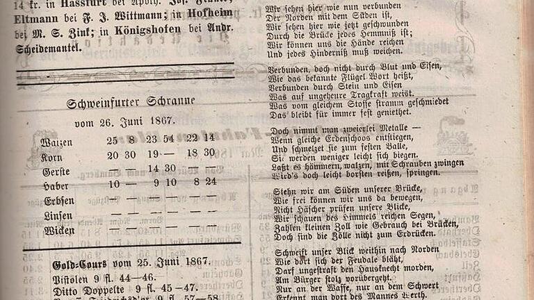Jakob Kohnstam, „Brücke-Eröffnungs-Gedicht“ in: Intelligenzblatt der Stadt Haßfurt, Nr. 51 vom 26.06.1867 (II), S. 221. Jakob Kohnstam, „Brücke-Eröffnungs-Gedicht“ in: Intelligenzblatt der Stadt Haßfurt, Nr. 51 vom 26.06.1867 (II), S. 221.