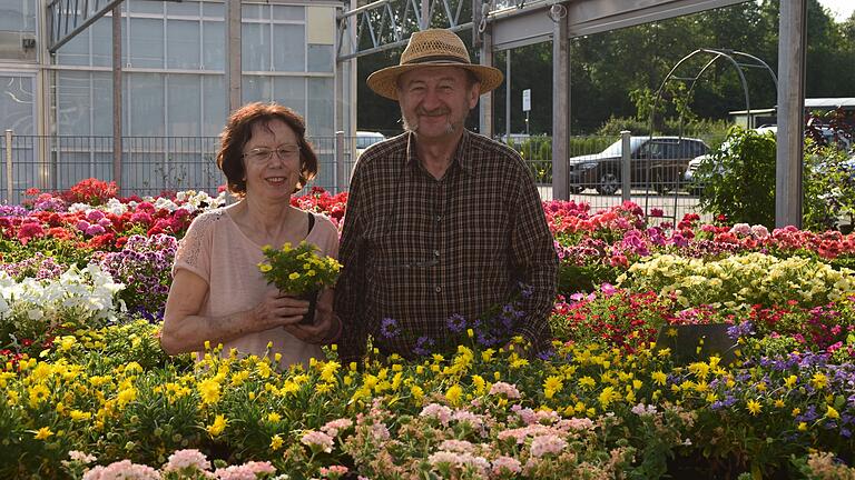 Franz und Viola Lindenthal inmitten der Blütenpracht in der Mainbernheimer 'Pflanzenoase'. Franz und Viola Lindenthal inmitten der Blütenpracht in der Mainbernheimer 'Pflanzenoase'.