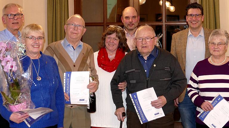 Ehrungen bei der Jahresversammlung des VdK Kreuzwertheim (von links): Vorsitzender Peter Merkert, Christine Michel (25 Jahre), Herrmann Albert (25), Lucia Mattke vom Kreisverband, Armin Hartmann für seine Mutter Betty Hartmann (30); Wilhelm Jeßberger (50), Bürgermeister Klaus Thoma und Martha Spielmann (25).